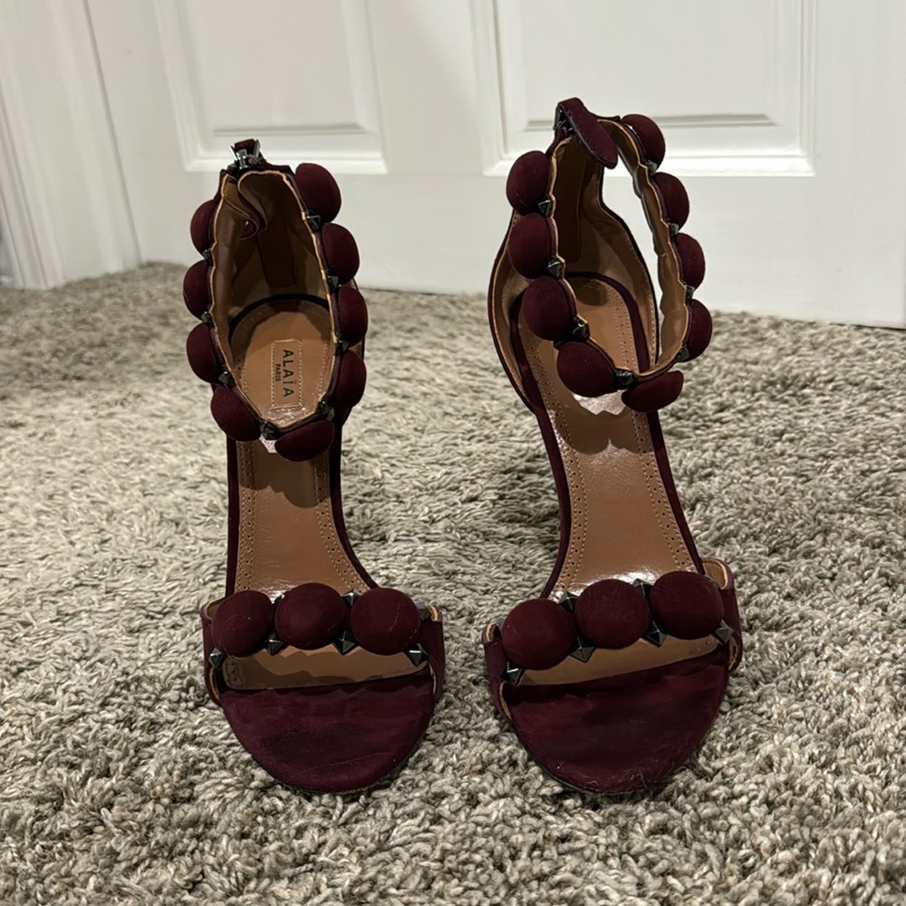 Alaia Burgundy Suede Studded Ankle Cuff Sandals - Size: EU 38 / US 7.5